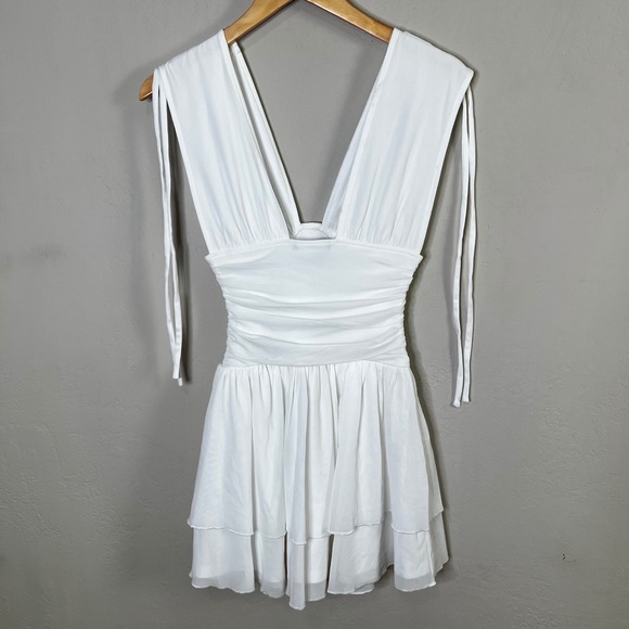 Lulus Luisella White Ruched Deep V Mesh Tiered Tie Shoulder Mini Dress Size XS - Picture 4 of 8